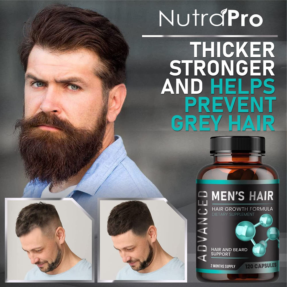 NutraPro hair growth vitamins capsules close-up showing key ingredients for men