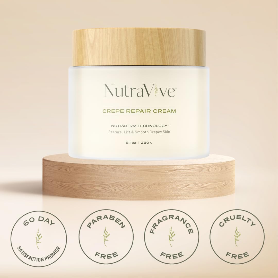 NutraVive Crepe Repair Cream applying on hand; versatile use for body, neck and face.
