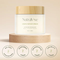 NutraVive Crepe Repair Cream applying on hand; versatile use for body, neck and face.