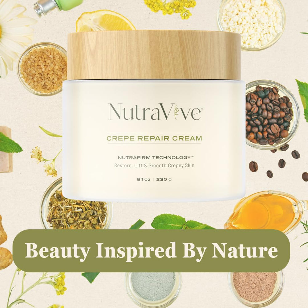 NutraVive Crepe Repair Cream packaging; gift-ready box signals premium daily skincare.