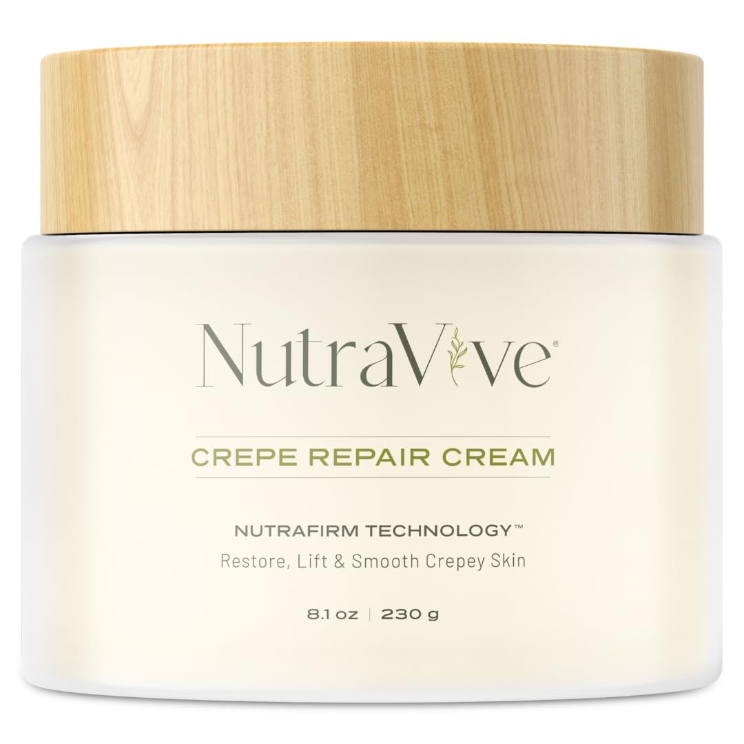 NutraVive Crepe Repair Cream jar open; creamy hydration for crepey skin.