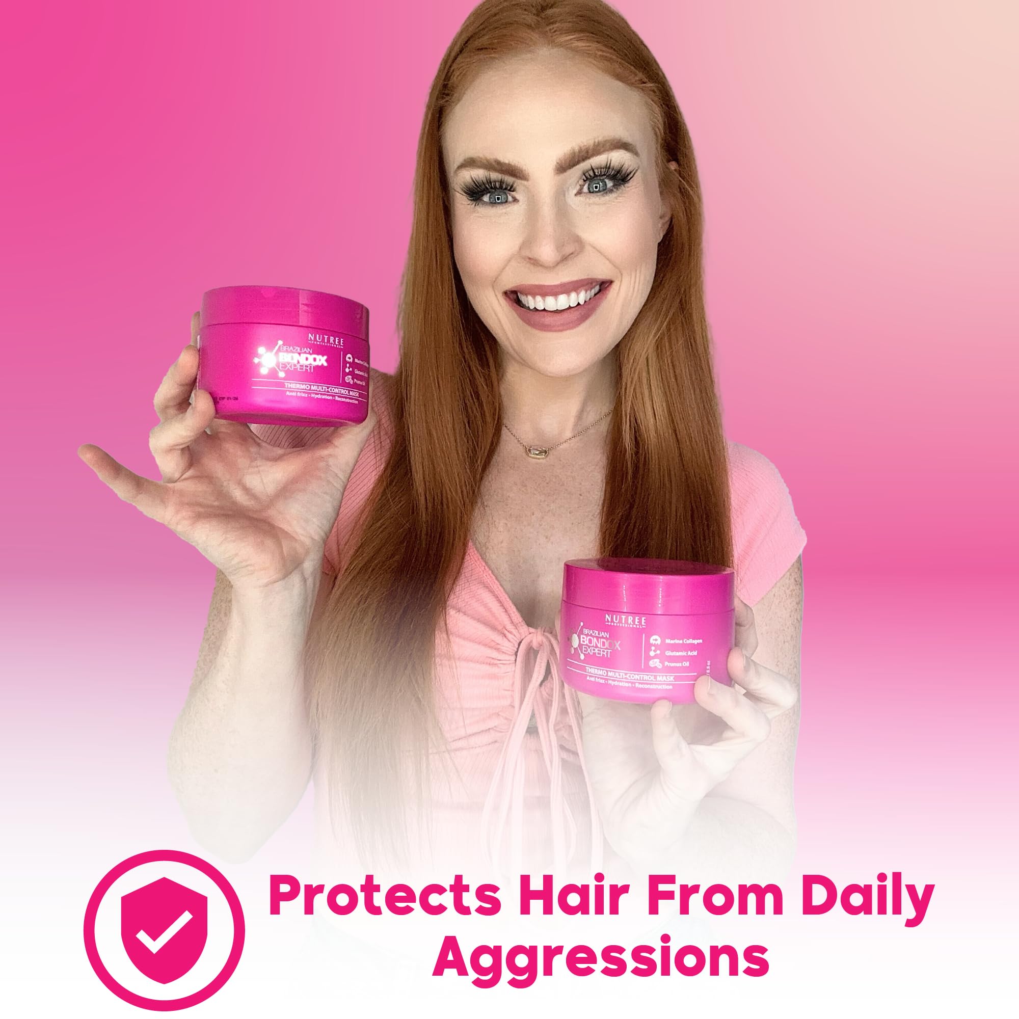 Nutree Professional hands applying mask to improve frizz control.