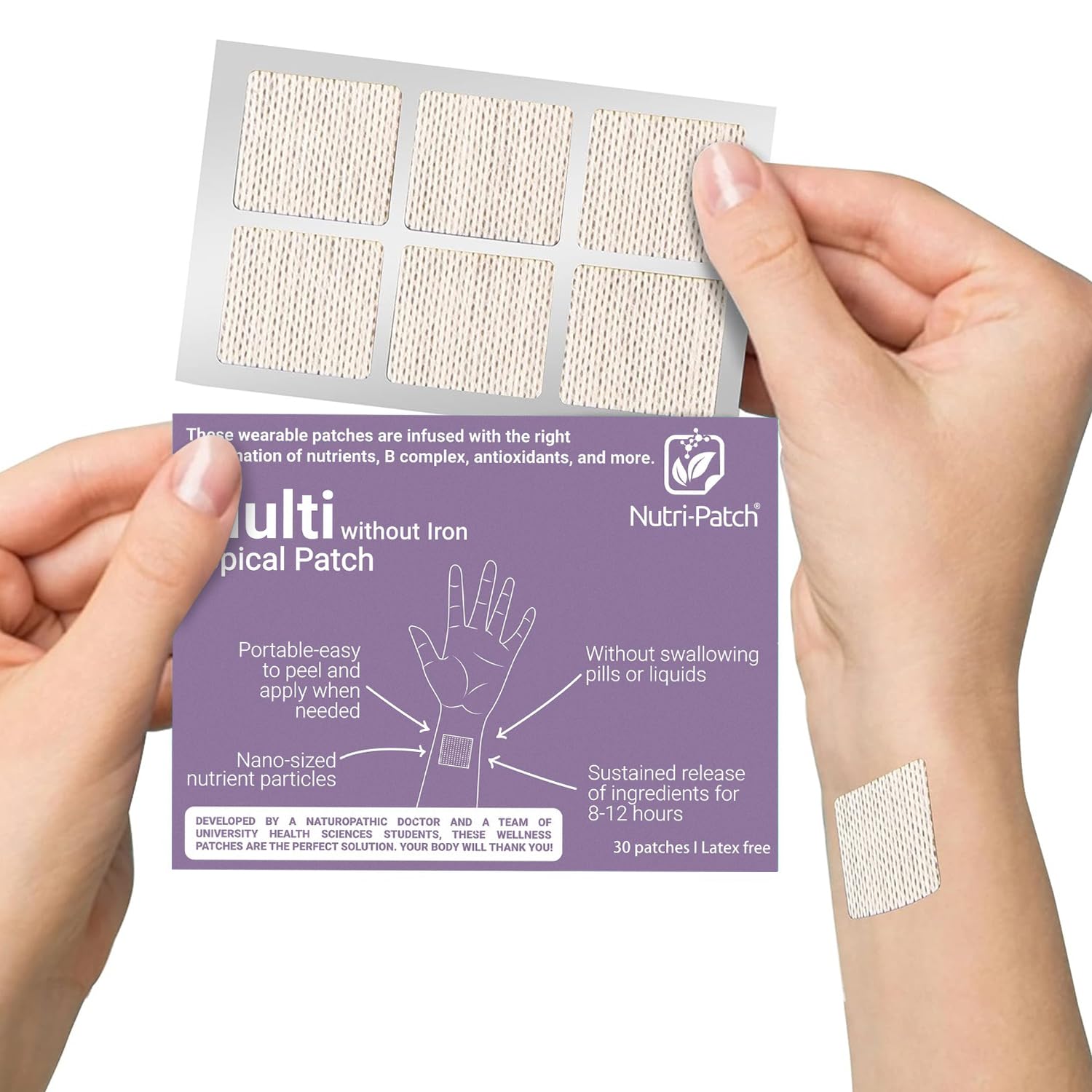 NUTRI-PATCH Multi Without Iron packaging front showing branding and compact design.