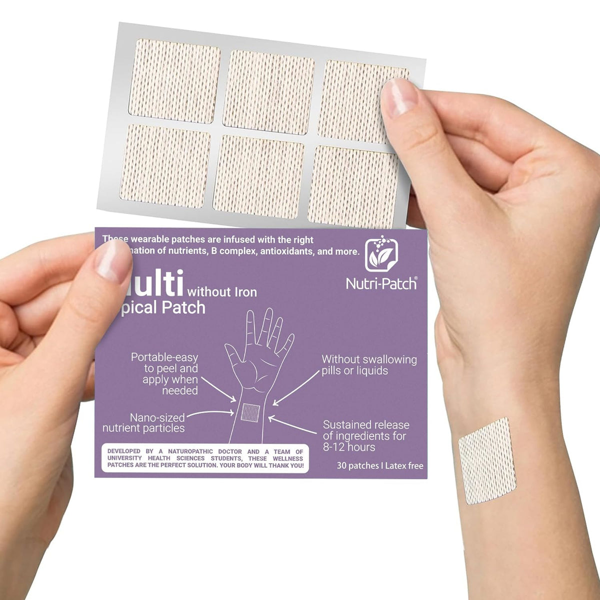 NUTRI-PATCH Multi Without Iron packaging front showing branding and compact design.