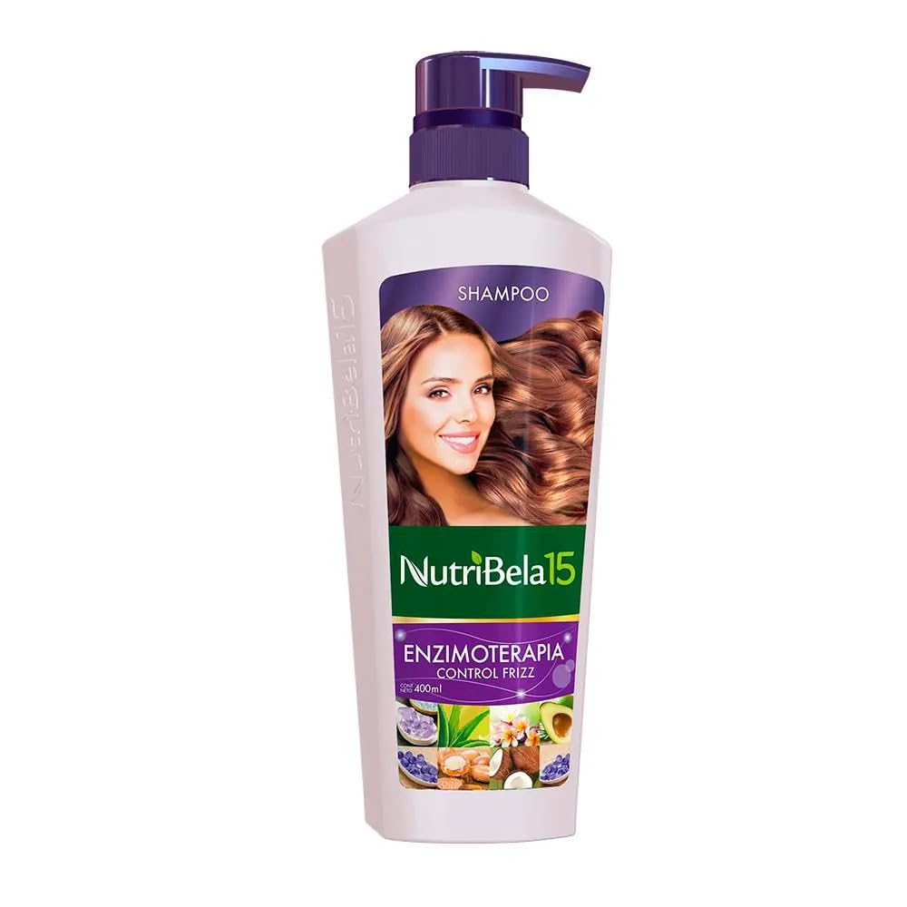 Nutribela 15 Enzymotherapy Shampoo bottle showing frizz control and hydration