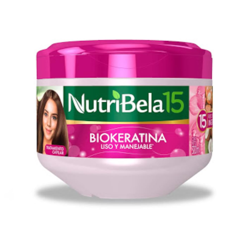 Nutribela Biokeratin Hair Treatment bottle promoting smooth, shiny hair and frizz control