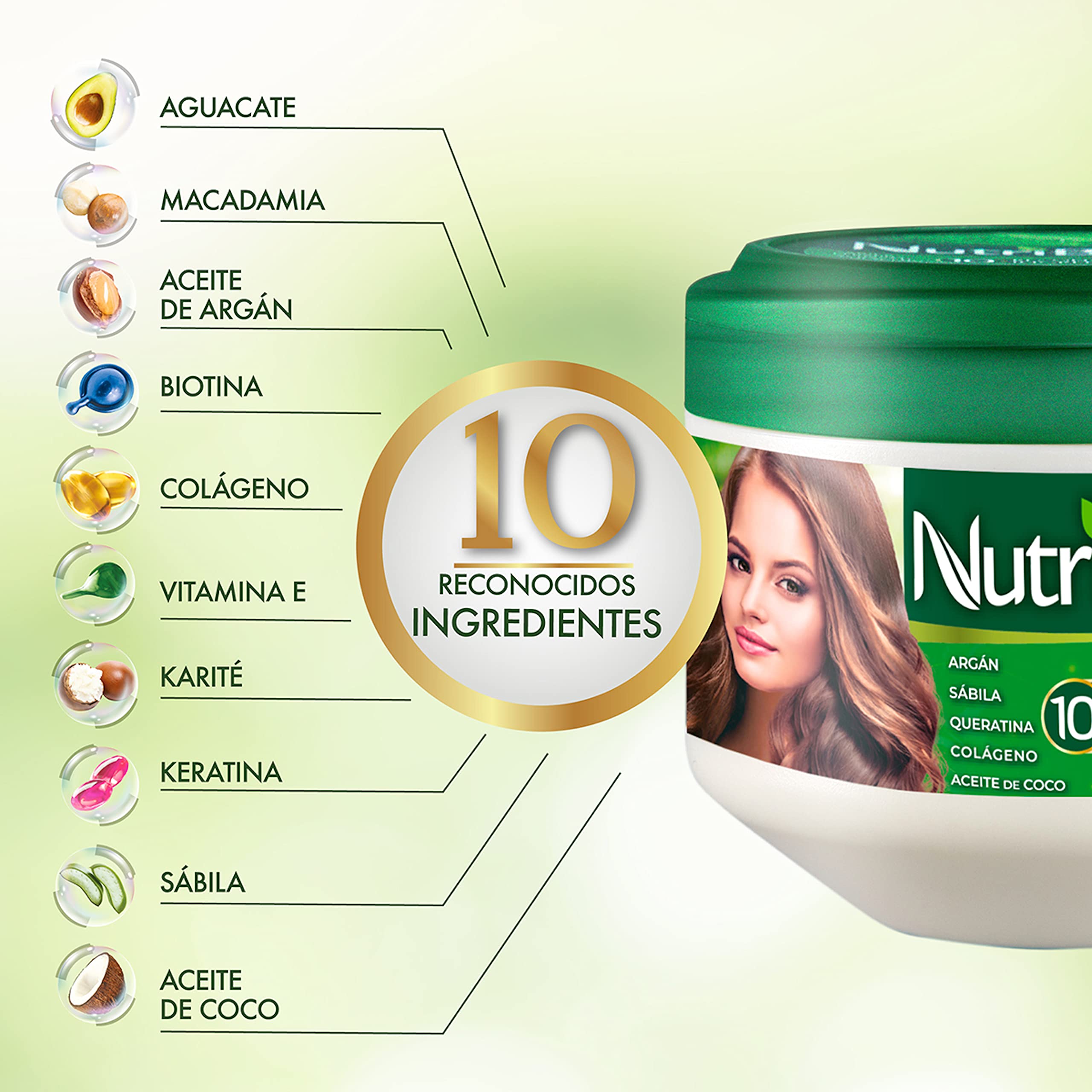 Nutribela10 hair mask bottle pour shows easy application and instant shine boost.