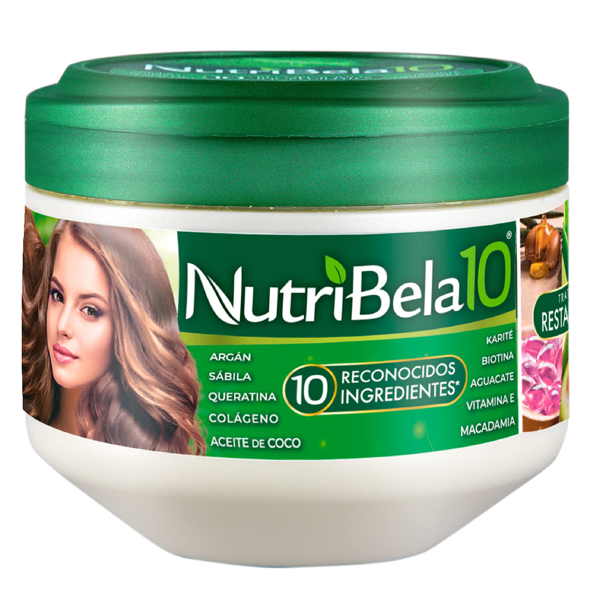 Nutribela10 hair mask bottle demonstrates deep conditioning for damaged hair.