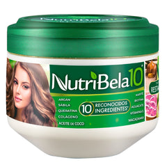 Nutribela10 hair mask bottle demonstrates deep conditioning for damaged hair.