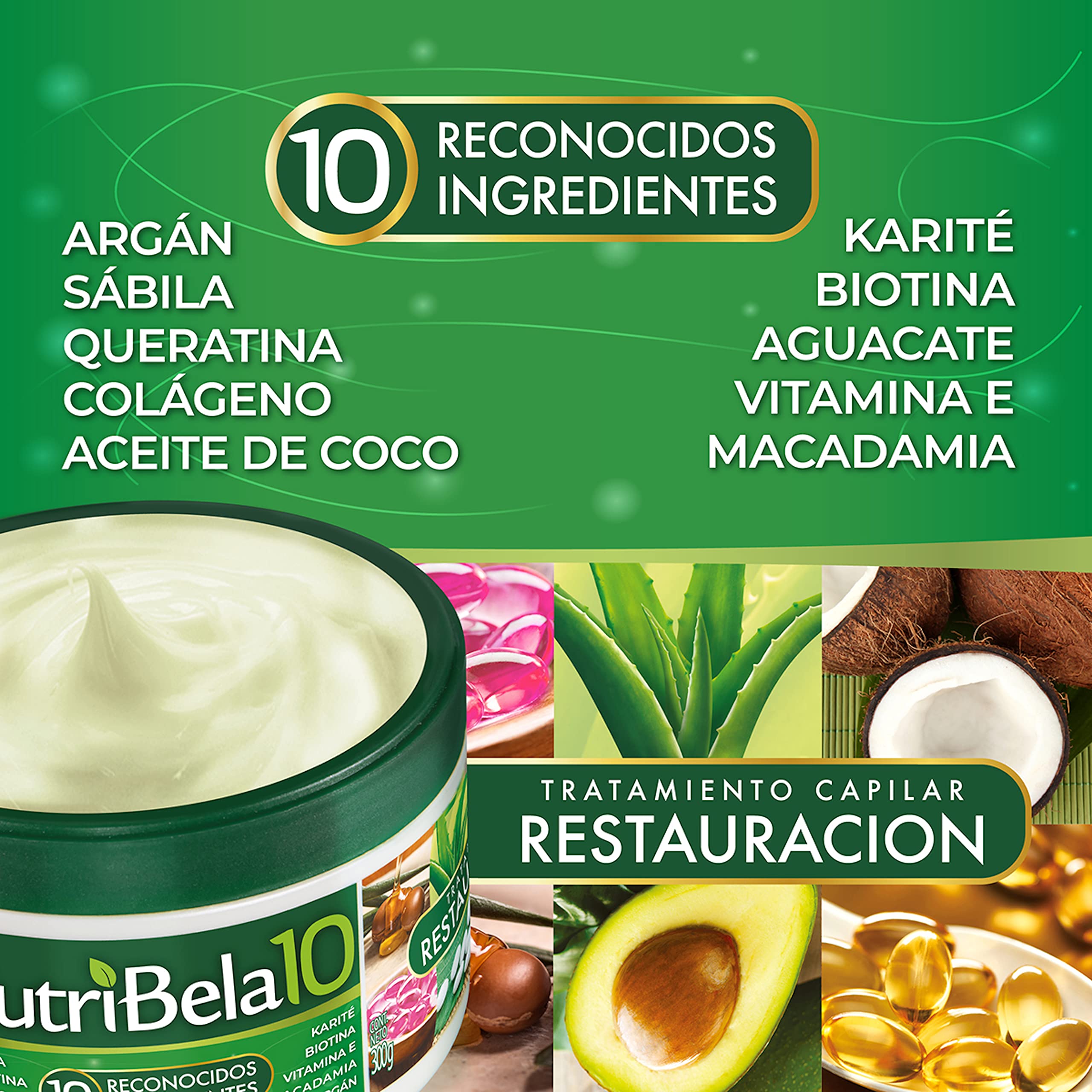 Nutribela10 keratin smoothing action illustrated by sleek hair strands.