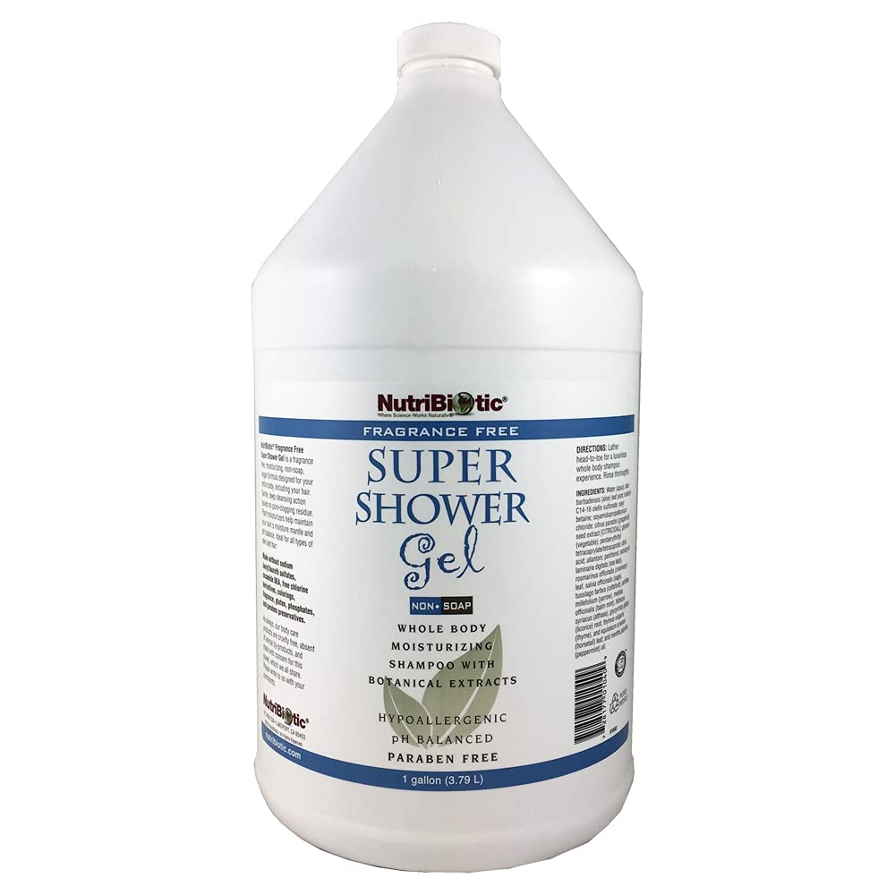 NutriBiotic fragrance-free super shower gel bottle for gentle body and hair cleansing.