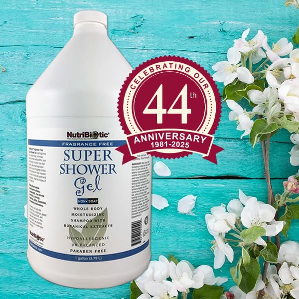NutriBiotic fragrance-free super shower gel label highlighting its pH-balanced, SLS-free formula.