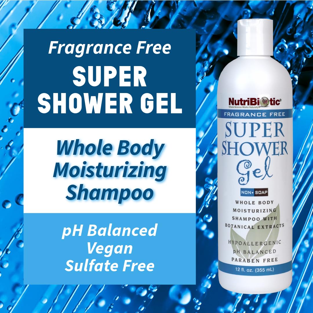 NutriBiotic fragrance-free shower gel label highlighting pH-balanced formula