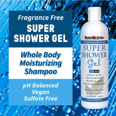 NutriBiotic fragrance-free shower gel label highlighting pH-balanced formula