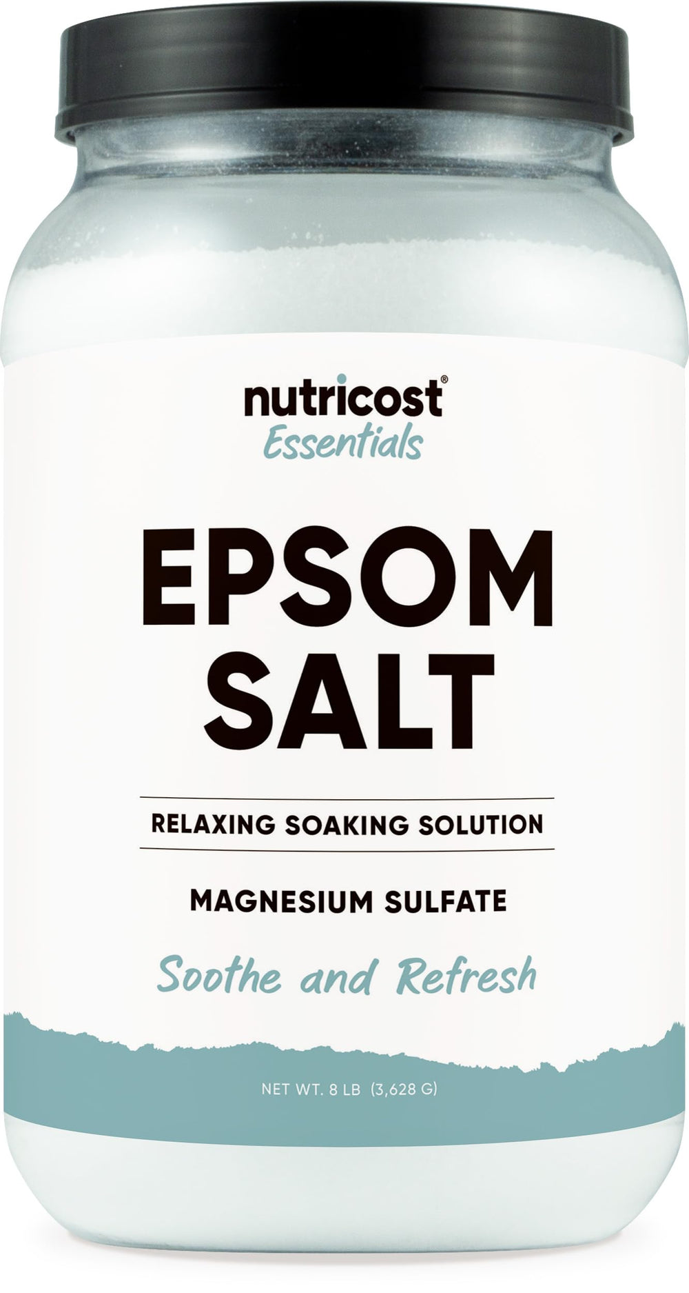 Nutricost Essentials Epsom Salt - Bouteille, bain relaxant et purifiant pour la peau.