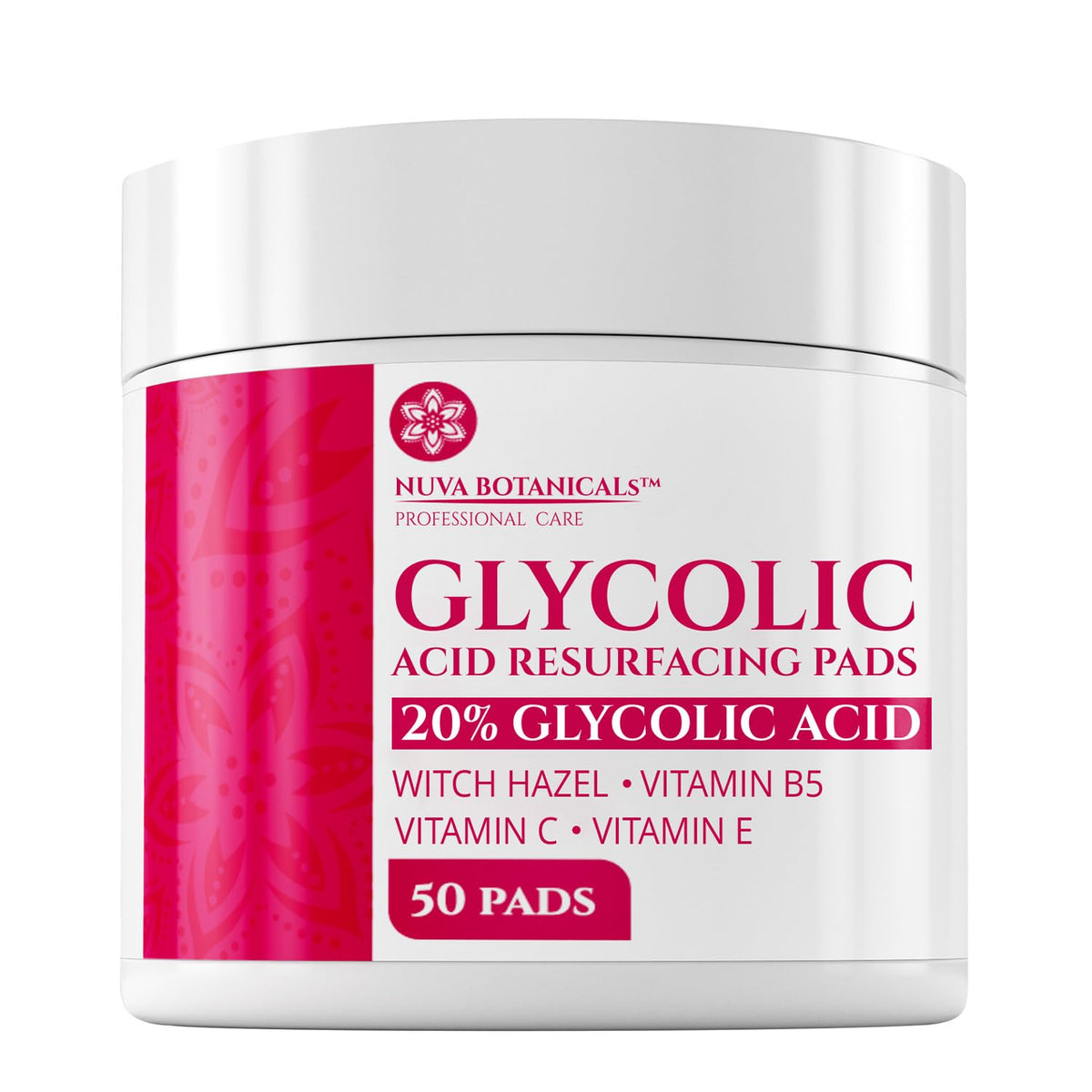 Nuva Botanicals 20% Glycolic Pads pack for at-home exfoliation and improved skin texture.