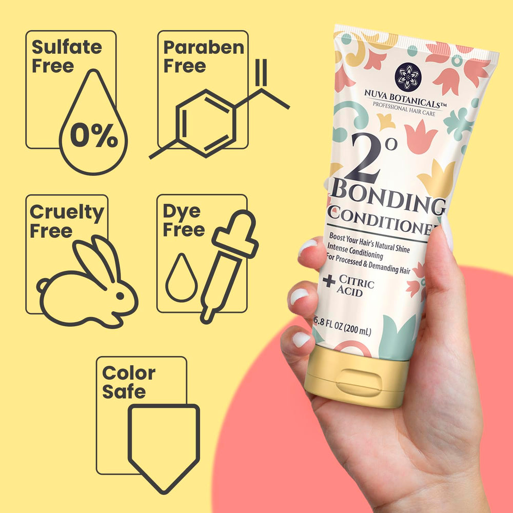Nuva Botanicals bonding conditioner bottle showcasing hydration and frizz control