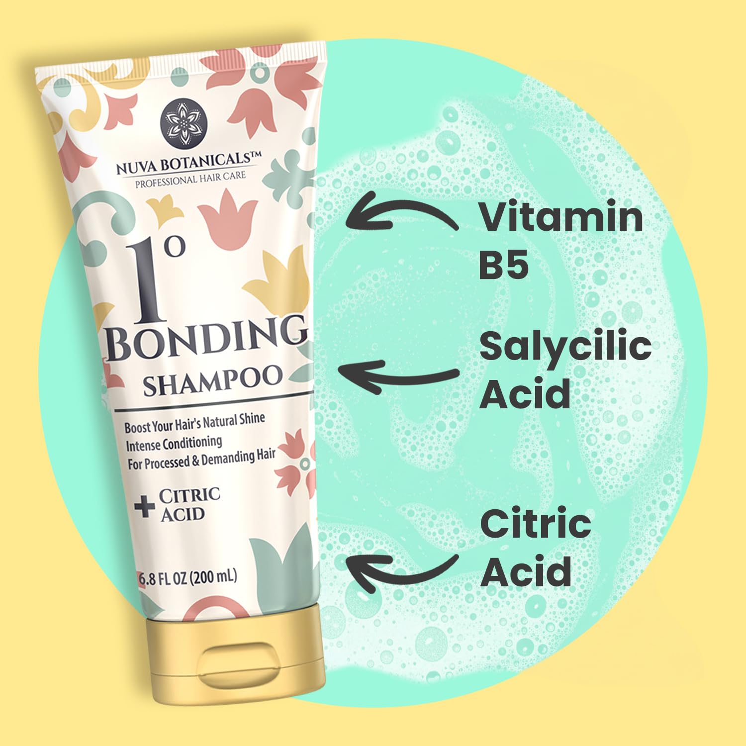 Nuva Botanicals bonding shampoo bottle highlighting repair for damaged hair