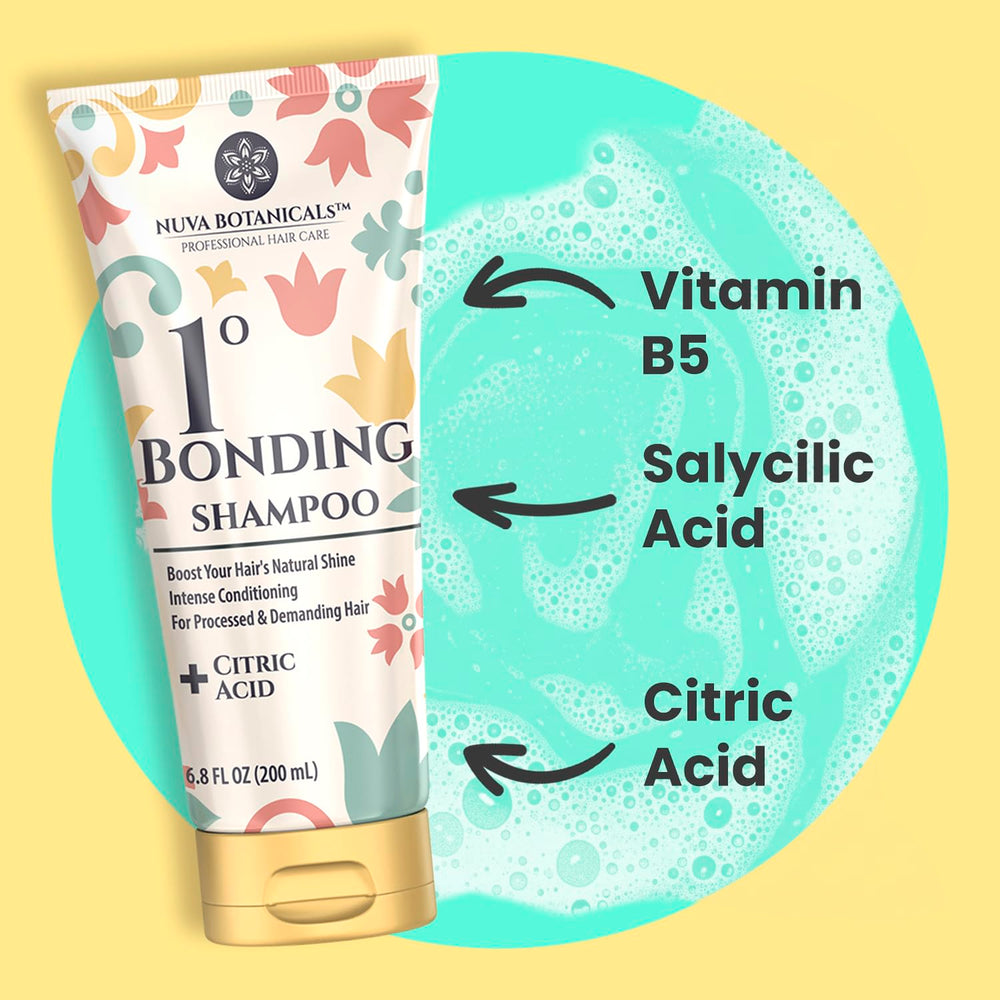 Nuva Botanicals bonding shampoo bottle highlighting repair for damaged hair