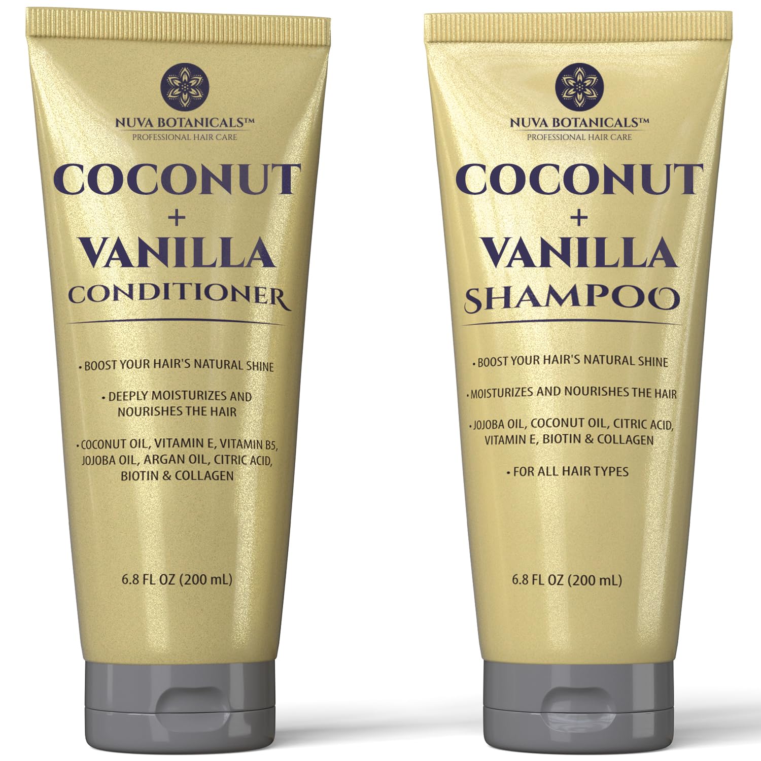Nuva Botanicals Coconut Shampoo bottle promotes hydrating, smooth hair after every wash.