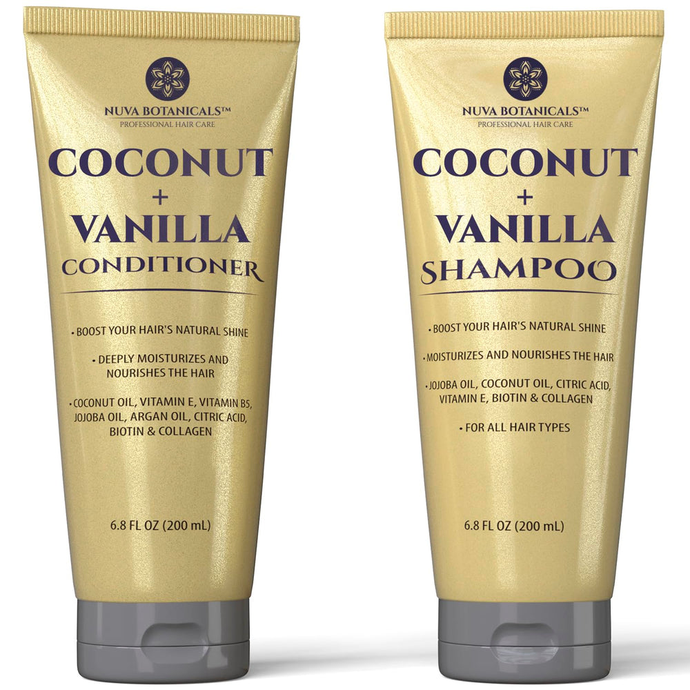 Nuva Botanicals Coconut Shampoo bottle promotes hydrating, smooth hair after every wash.
