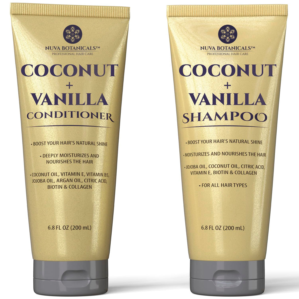 Nuva Botanicals Coconut Shampoo bottle promotes hydrating, smooth hair after every wash.