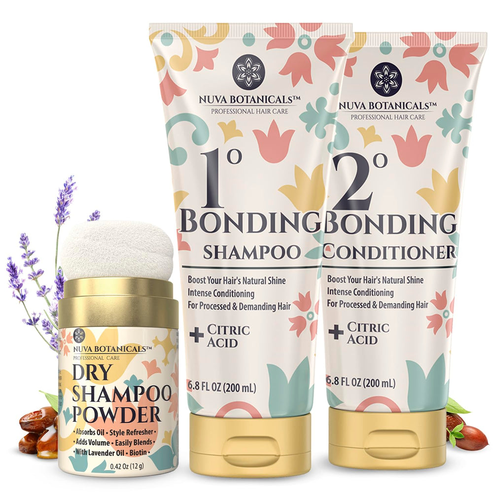 Nuva Botanicals dry shampoo powder close-up for quick root refresh and oil absorption