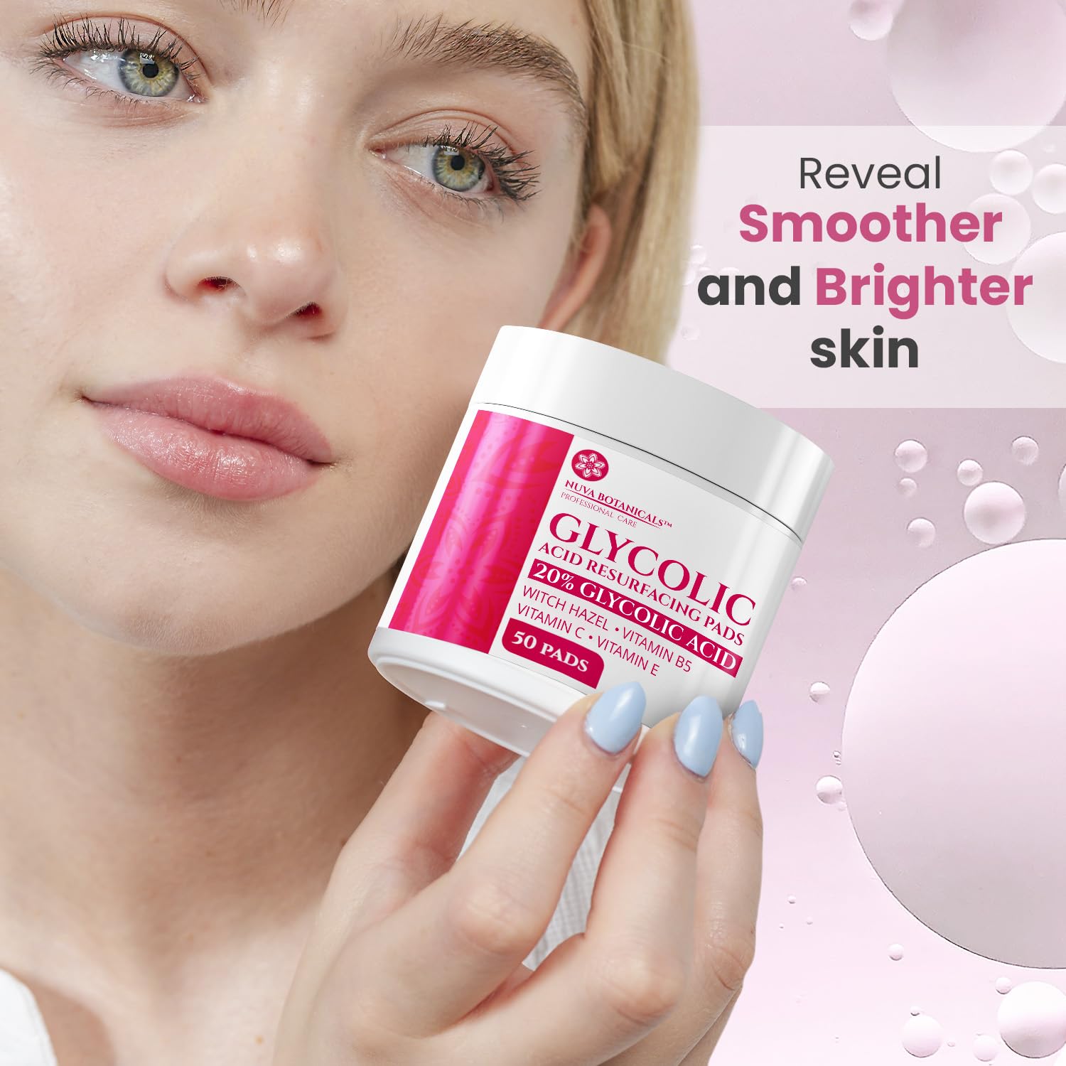 Nuva Botanicals glycolic pads texture closeup with exfoliating granules for smoother skin.