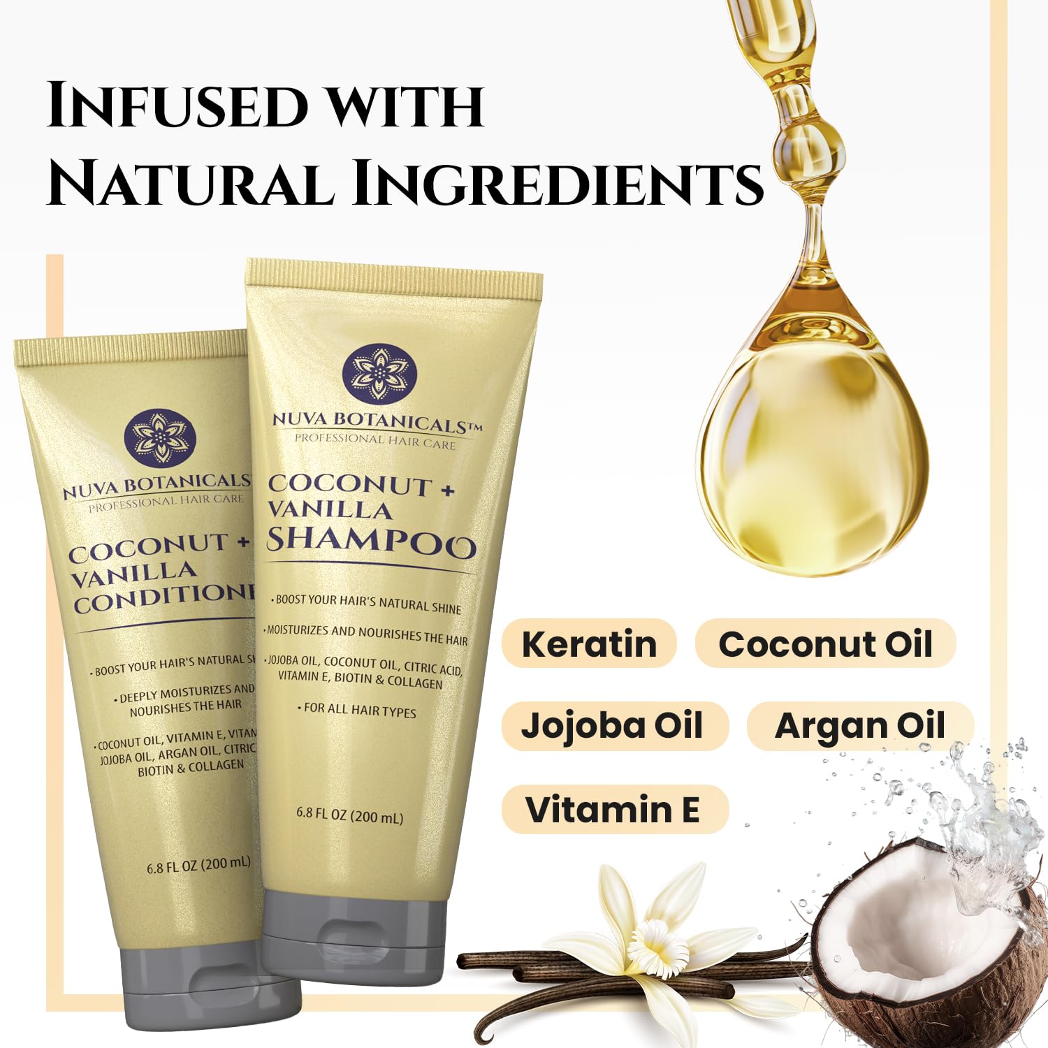Nuva Botanicals oils blend close-up—jojoba, argan, vitamin E for nourished hair.