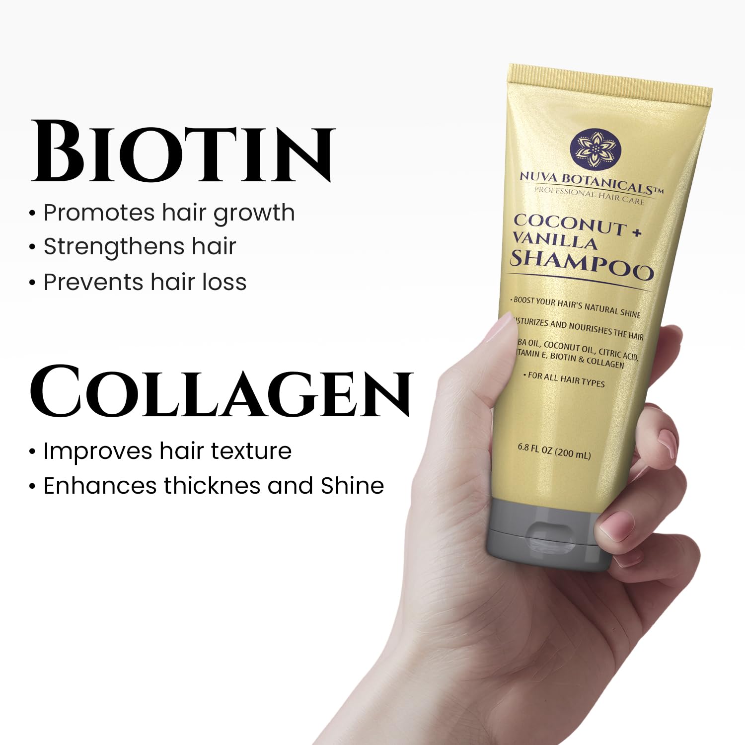 Nuva Botanicals Vanilla Conditioner bottle detangles and adds natural shine.