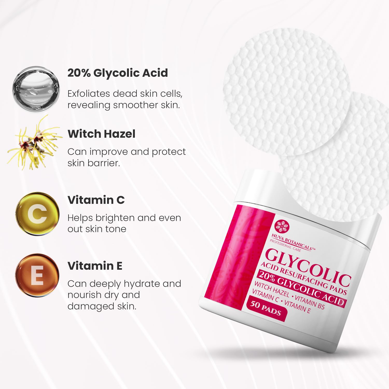 Nuva Botanicals vitamin C enriched pads ready for application on clean skin.