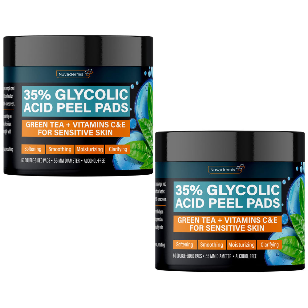 NUVADERMIS 35% glycolic peel pads packaging, convenient facial resurfacing tool.