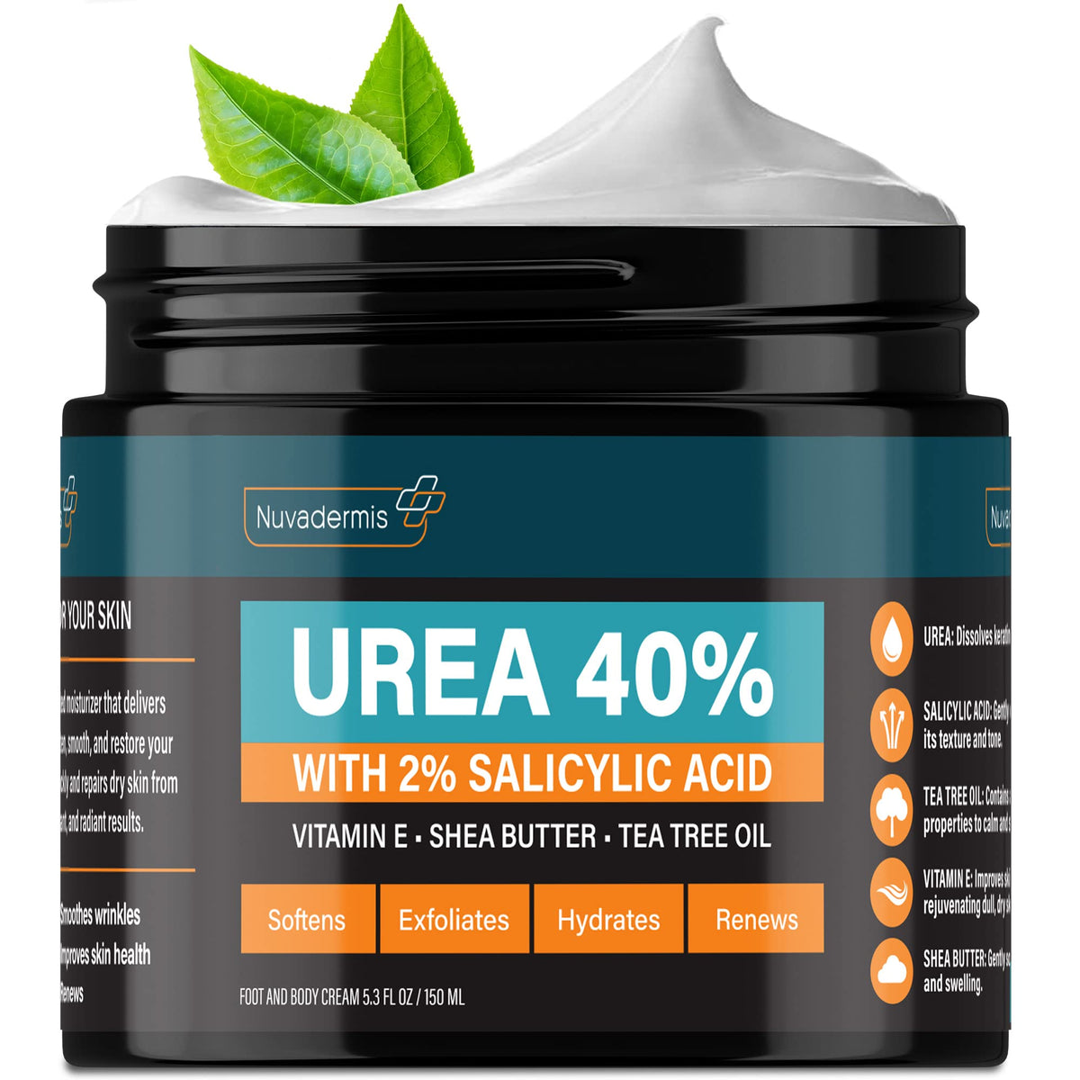 NUVADERMIS 40% Urea Cream bottle pour for deep hydration.