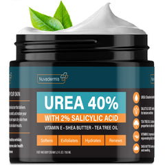 NUVADERMIS 40% Urea Cream bottle pour for deep hydration.