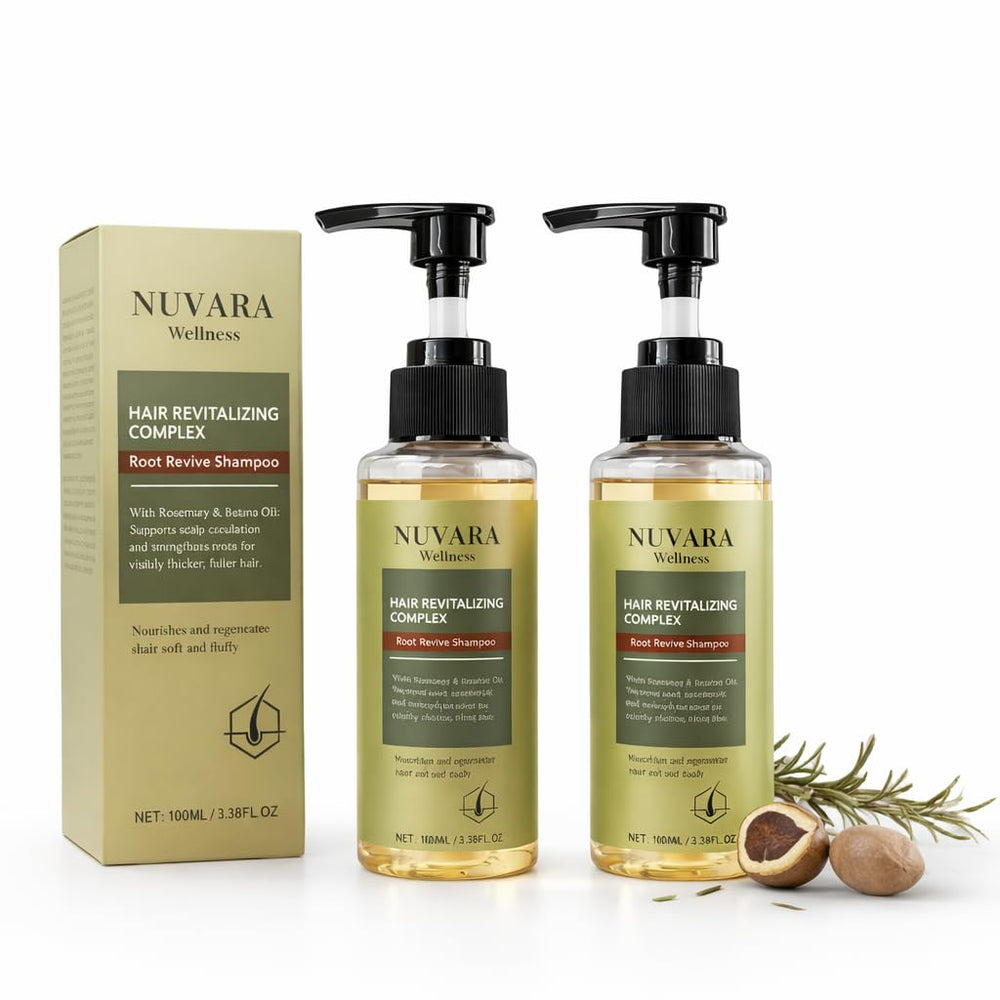 Nuvara Root Revival Shampoo bottle pour showing lightweight moisture for voluminous hair.