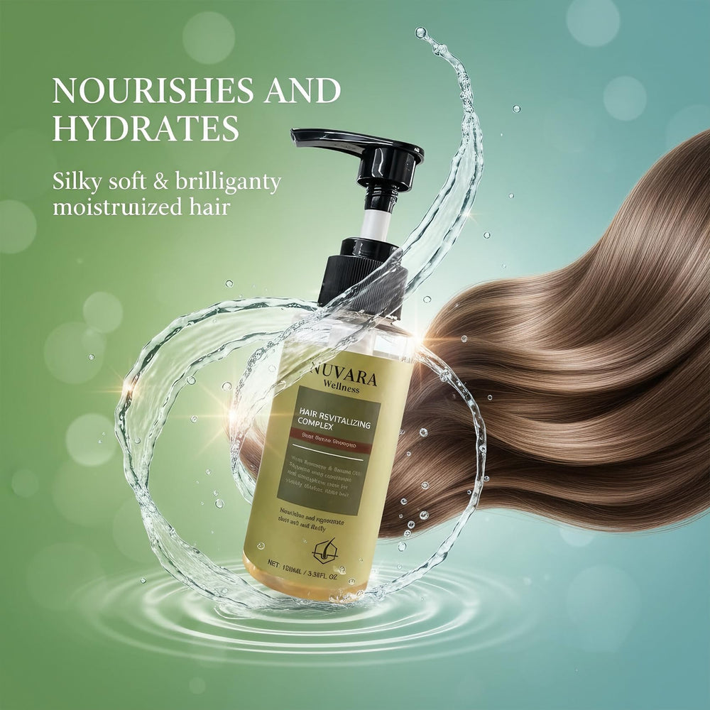 Nuvara Root Revival Shampoo lather application demonstrates gentle cleansing with rosemary and batana oils.
