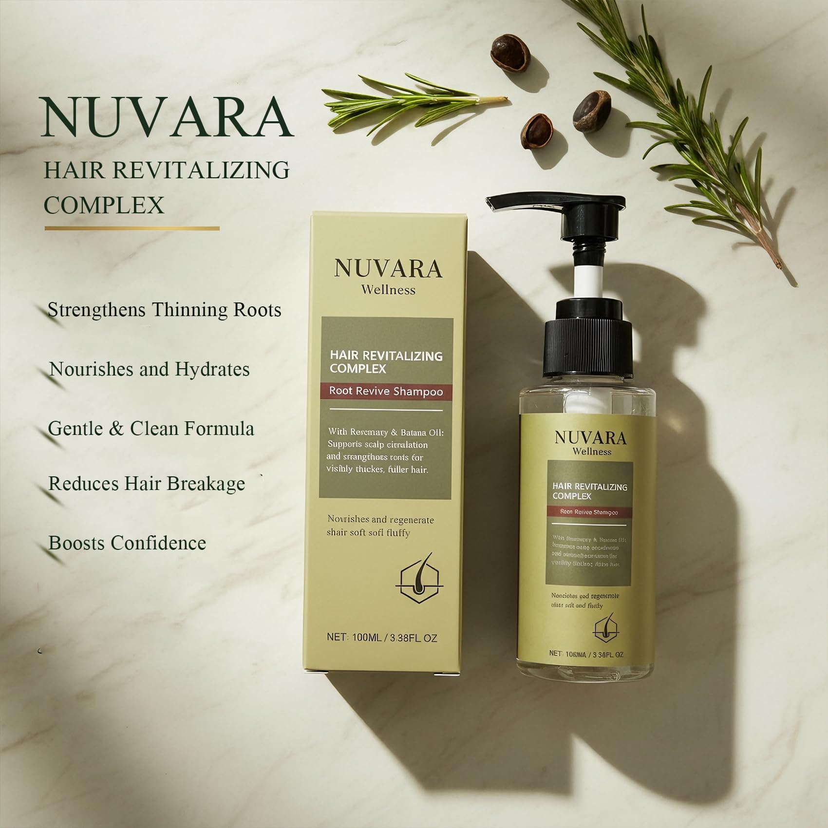Nuvara Root Revival Shampoo scalp close-up highlights balanced hydration without weighing hair down.