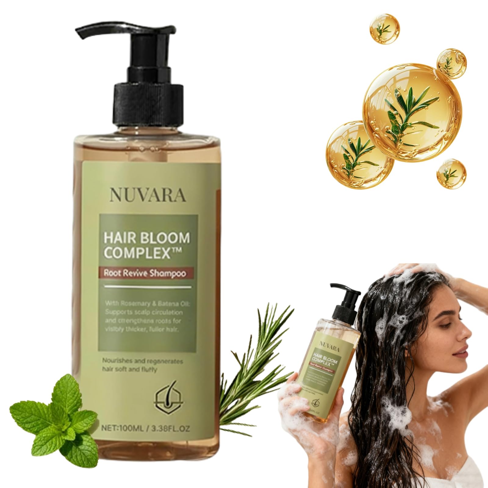 Nuvara Root Revival Shampoo bottle showing root lift and lightweight cleansing.
