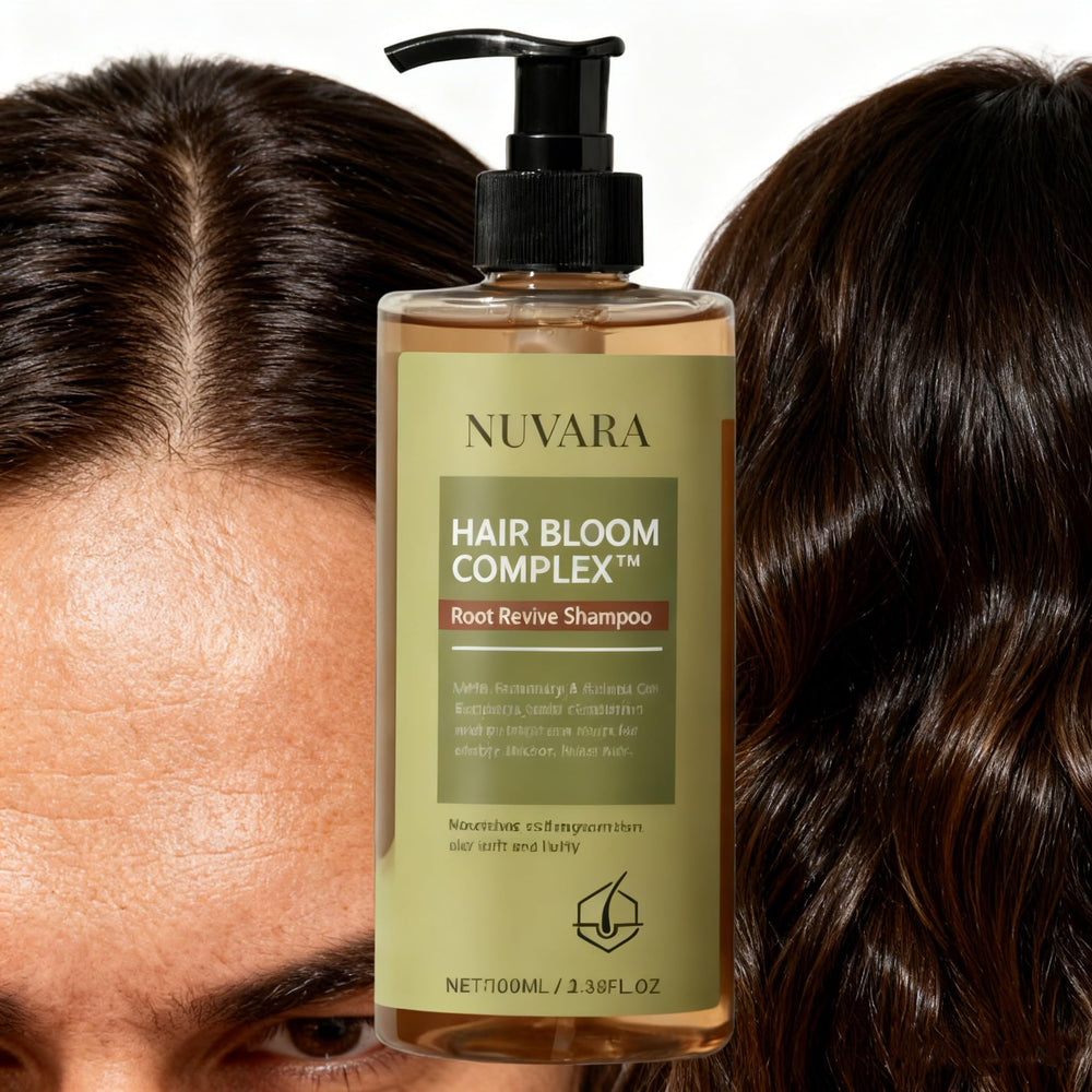 Nuvara Root Revival Shampoo on damaged hair offering nourishing shine.