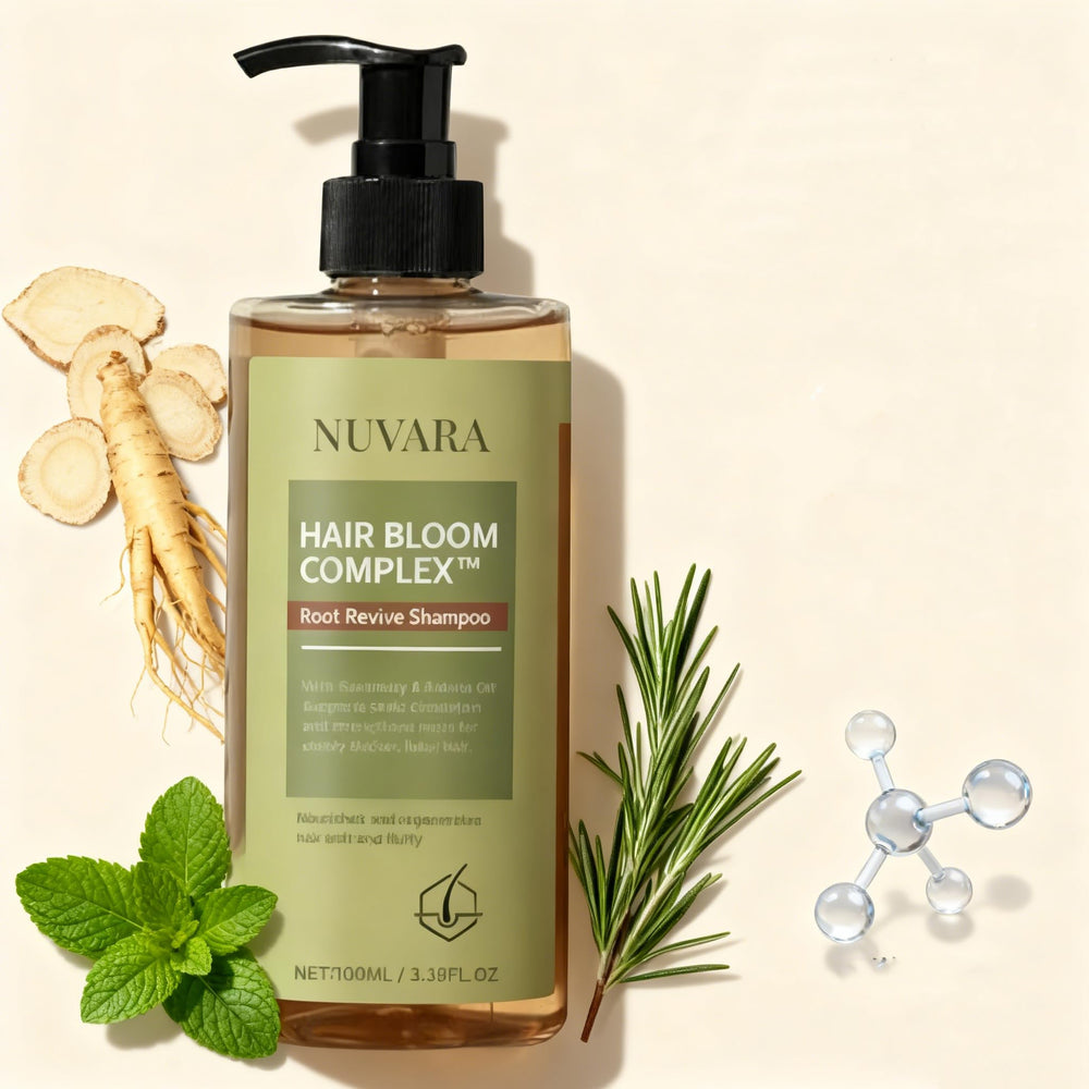 Nuvara Root Revival Shampoo packaging emphasizing clean, lightweight formula.