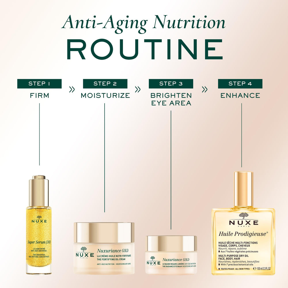 Nuxe Nuxuriance Gold applying routine for daily skincare ritual.