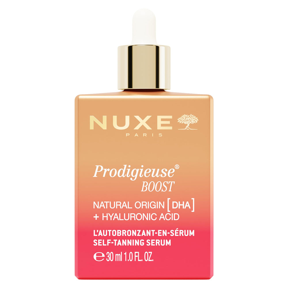 NUXE Prodigieuse Boost self-tanning serum bottle for face and neck, even color
