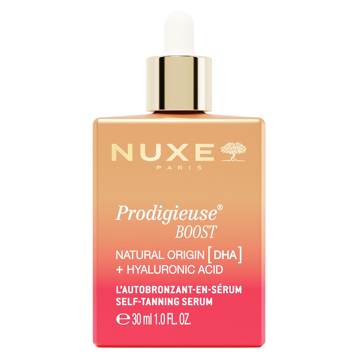 NUXE Prodigieuse Boost self-tanning serum bottle for face and neck, even color