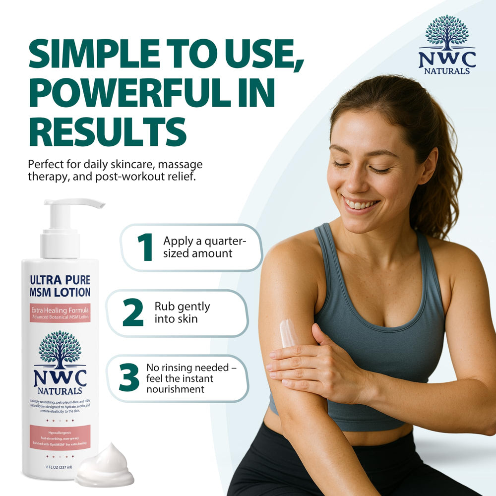 NWC Naturals UltraPure MSM Lotion applied to hands and elbows for dryness
