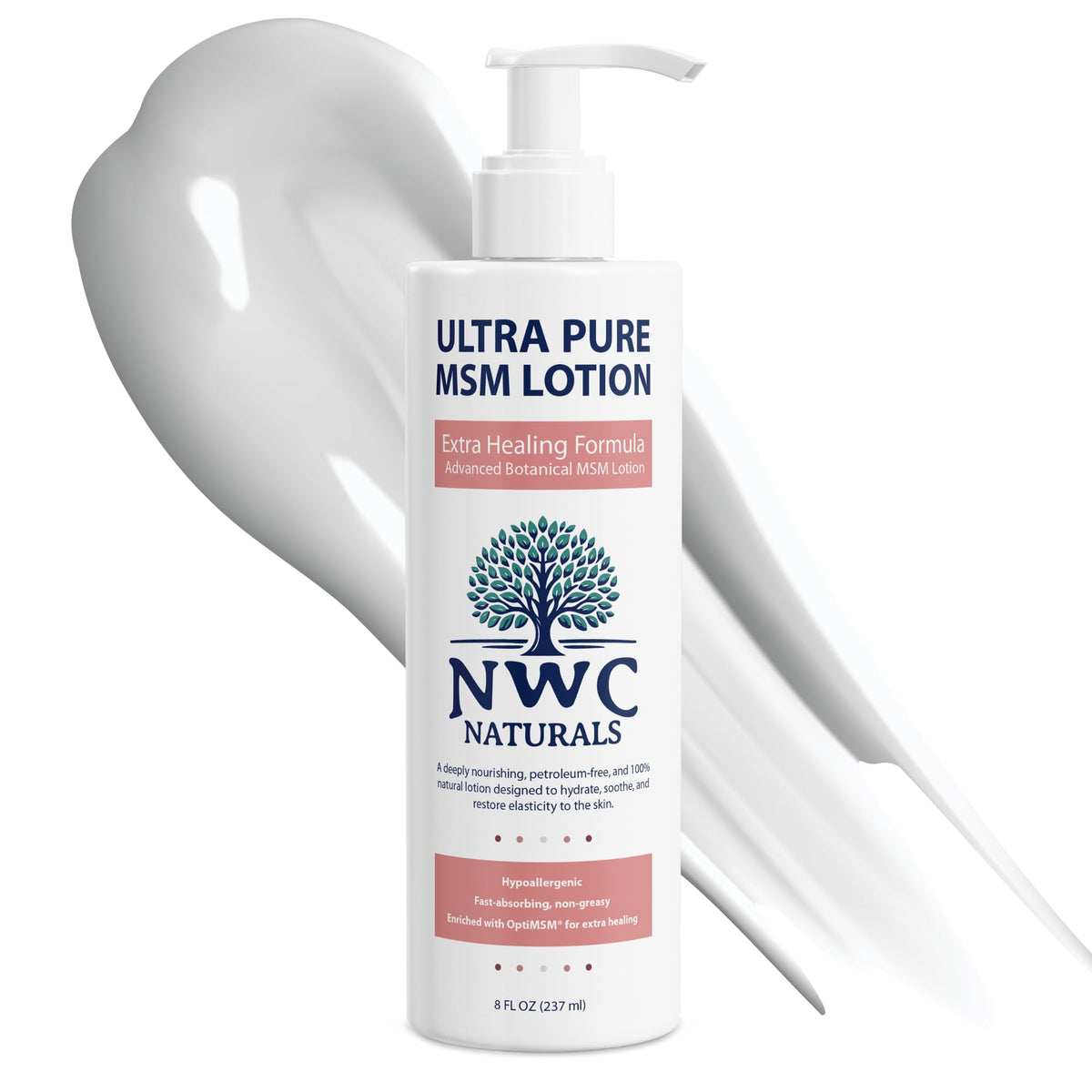 NWC Naturals UltraPure MSM Lotion bottle shown for rich hydration and skin softness