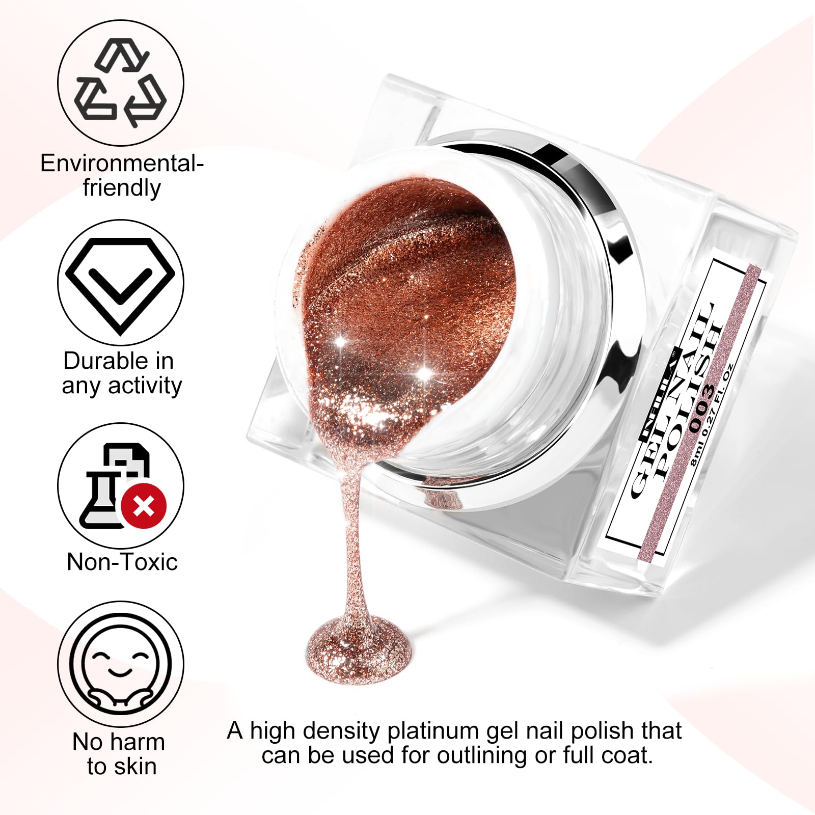 NXJ INFILILA rose gold glitter gel on natural nails shows durable color.