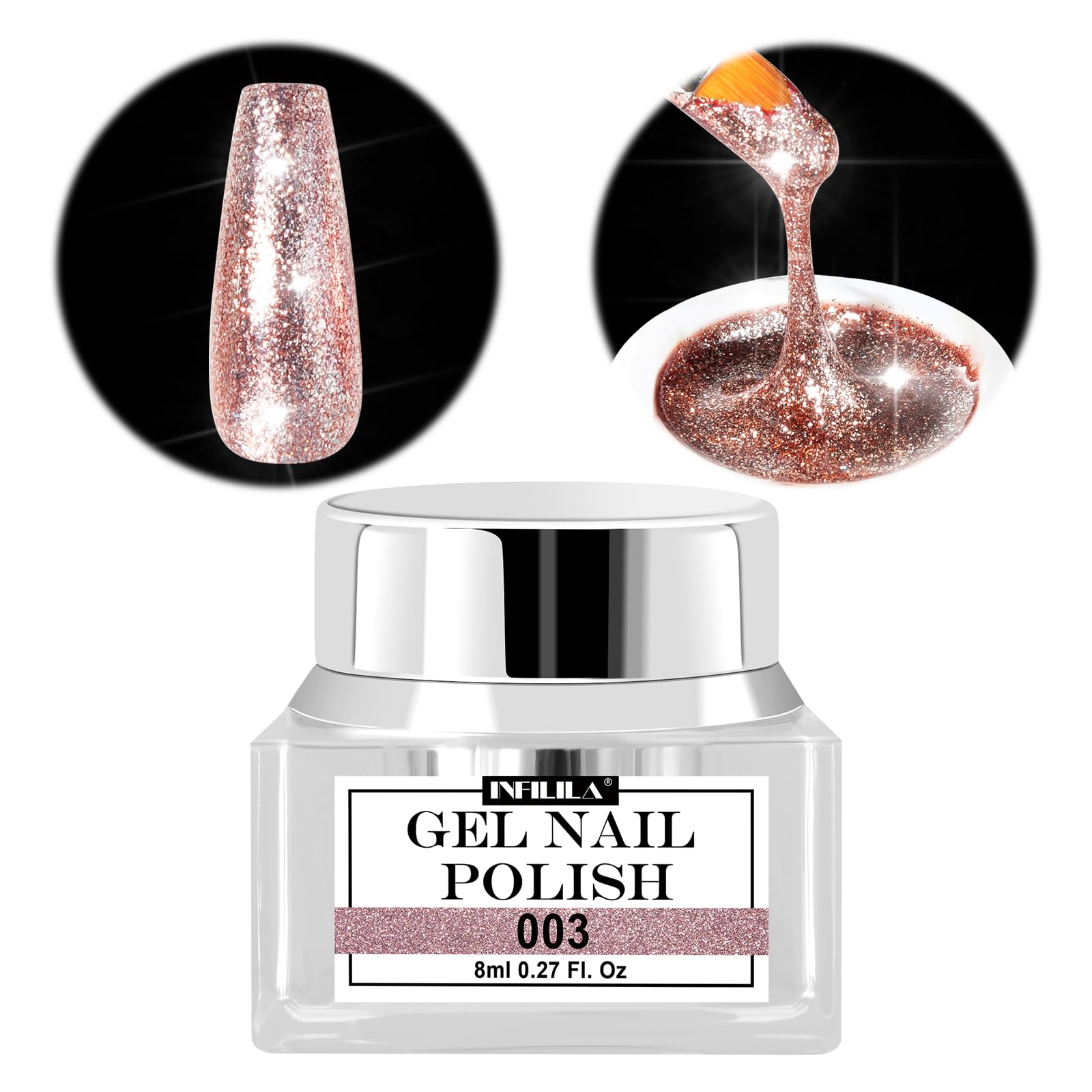 NXJ INFILILA rose gold glitter gel nail polish bottle with long-lasting sparkle.