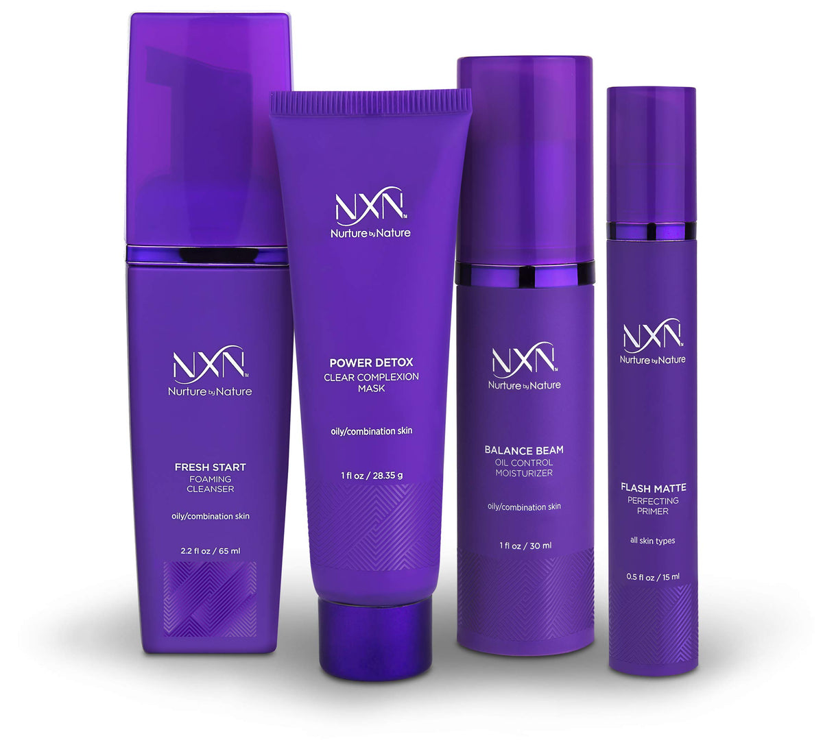 NXN Oil Control System packaging shot displaying the full four-step routine for balanced skin