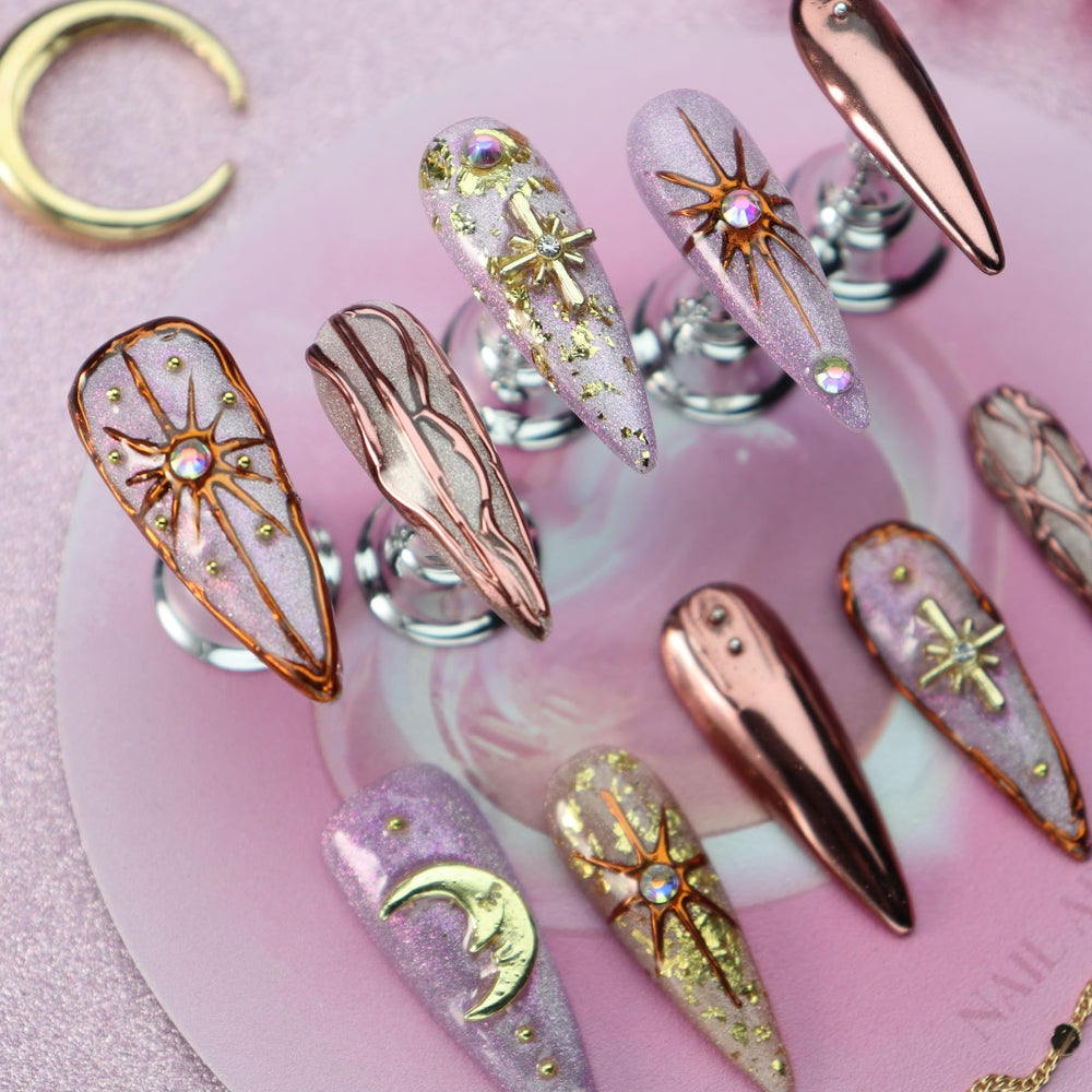 Nxtpz Star Moon hand-painted design nails reflecting artisan craftsmanship and unique shimmer