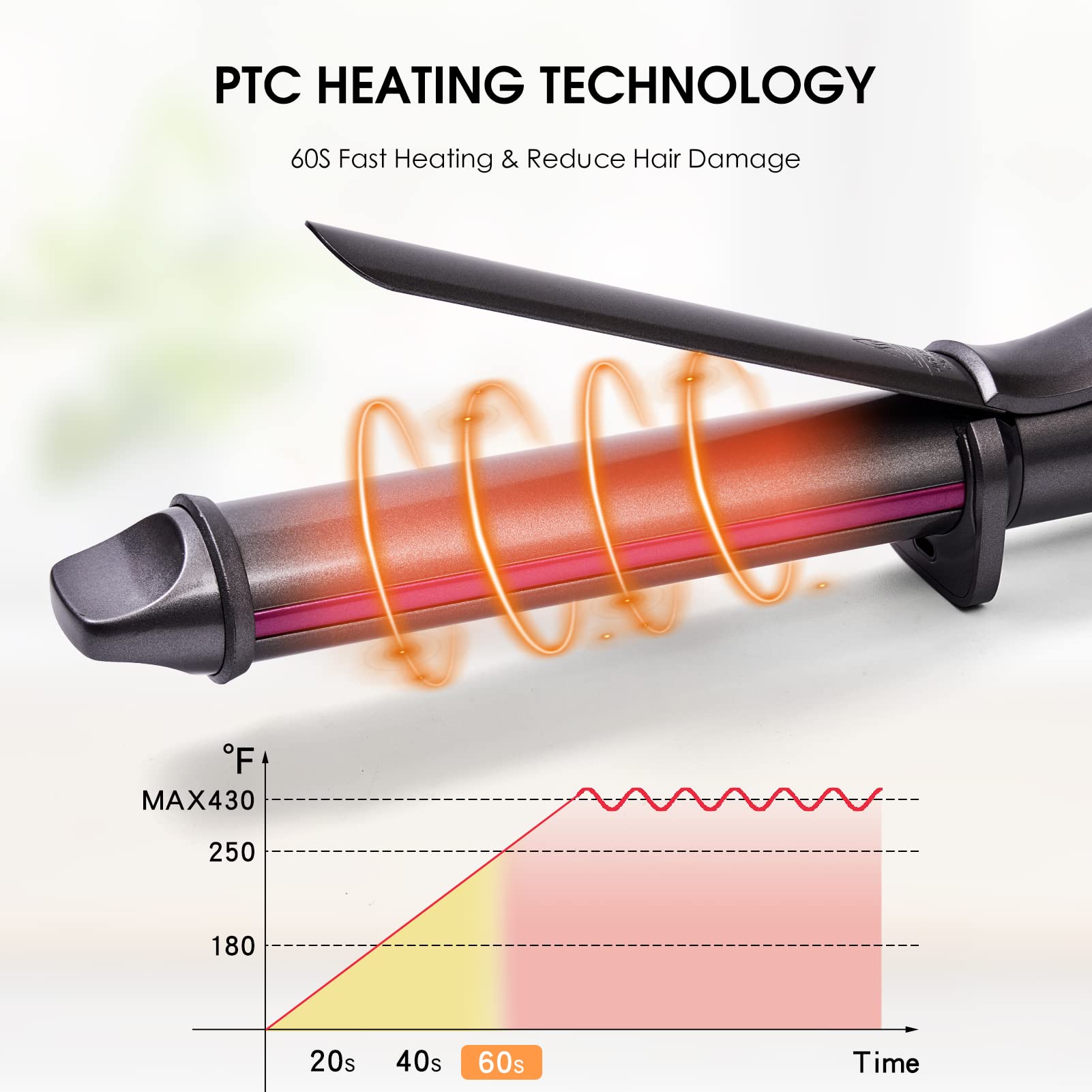 Nycoba curling iron ceramic barrel for even heat and smooth curls.
